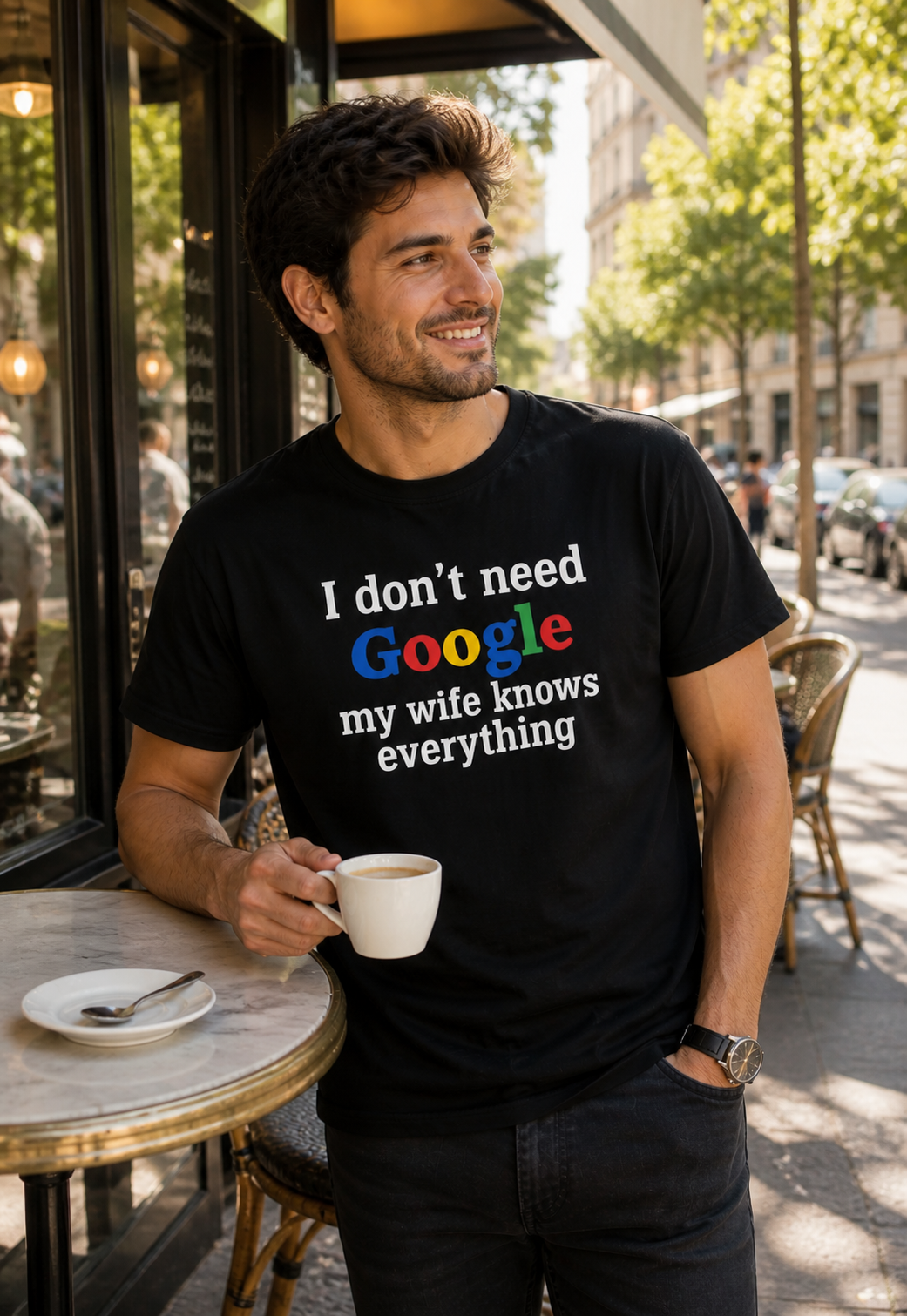I DONT NEED GOOGLE MY WIFE KNOWS EVERYTHING T-Shirt (schwarz)